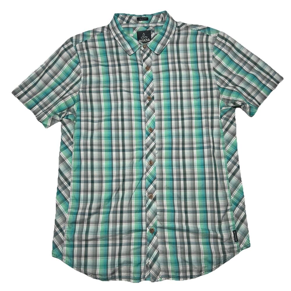 Prana Shirt Slim Fit Mens  Sz L  Button Up Plaid  Green Casual  Lightweight